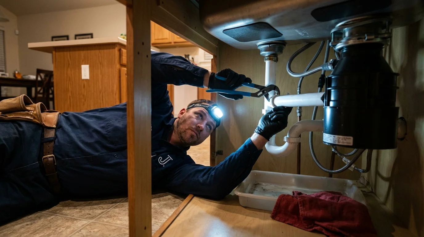 P-trap and supply line connections under a kitchen sink showing a common leak point in Lovingston, VA